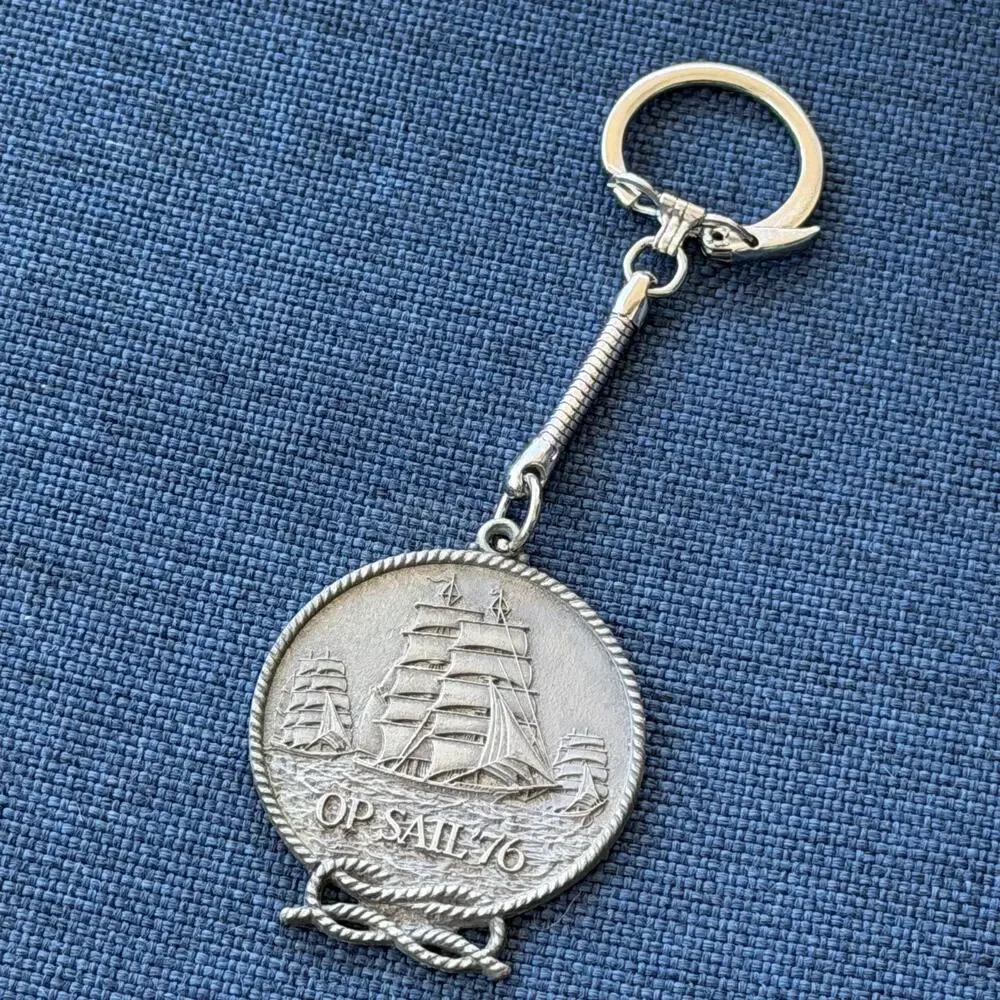 OP Sail '76 Clipper Ship Pewter Keychain Medallion Key Ring Sailing Sailboat